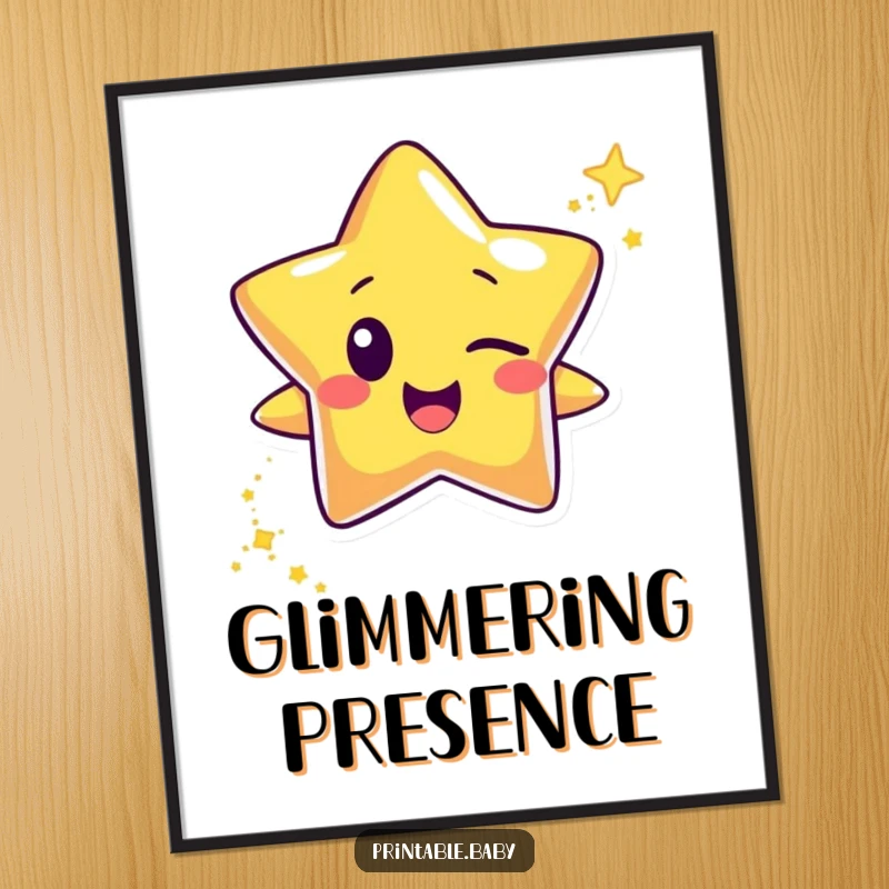 Funny happy star character digital art print, winking and leaving a trail of glitter, for instant, sparkly, and magical wall decor.