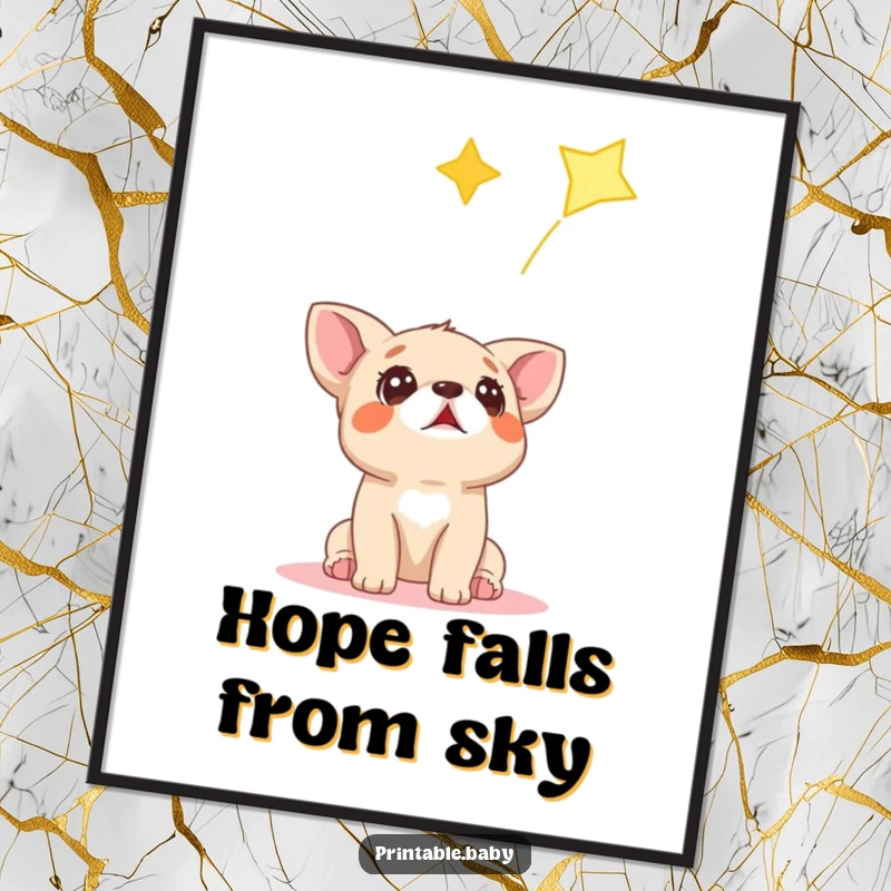 Funny digital art print of a surprised dog cub looking up at a falling star, symbolizing wishes and wonder.