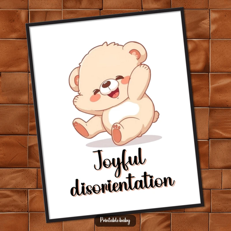 Funny bear cub digital art print, fluffy animal joyfully tumbling, printable wall decor with cheerful humor.