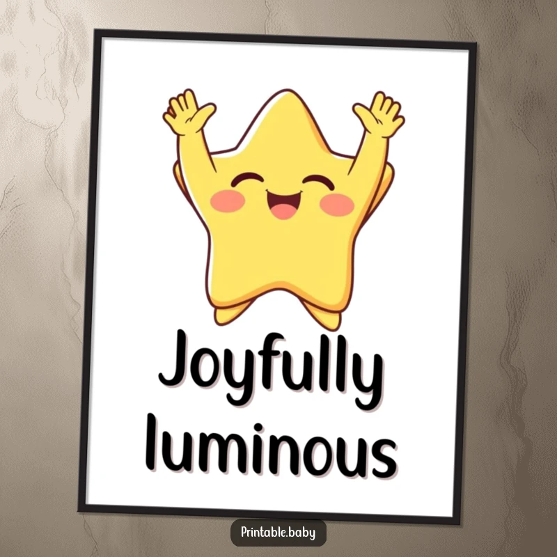 Funny giggling star with arms thrown up in pure joy, radiating happiness, humorous digital art print for joyful, radiant decor.