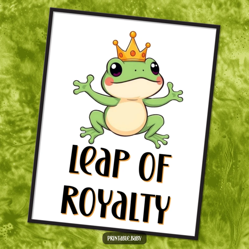 Funny leaping frog wearing a tiny crown, mid-air, humorous digital art print for whimsical, regal decor.