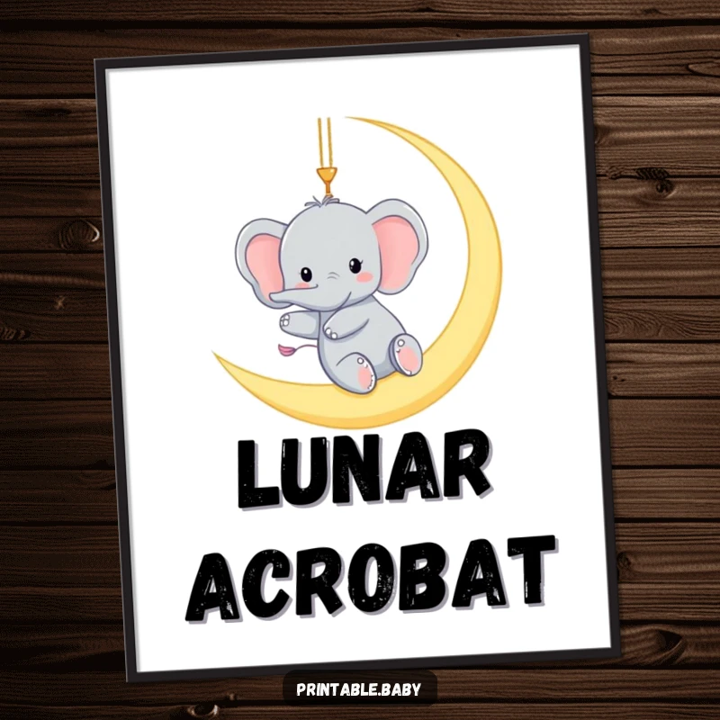 Funny digital art print of a tiny elephant gleefully swinging from a crescent moon, offering instant humorous and magical decor.