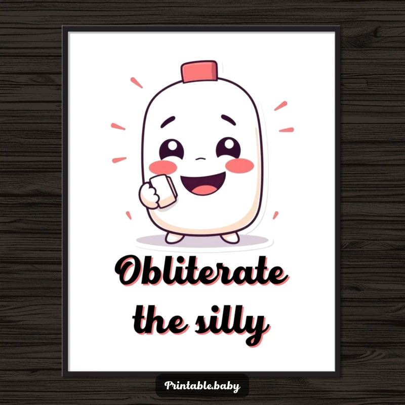 Funny digital art print of a mischievous eraser character happily rubbing out a funny face, whimsical and humorous.
