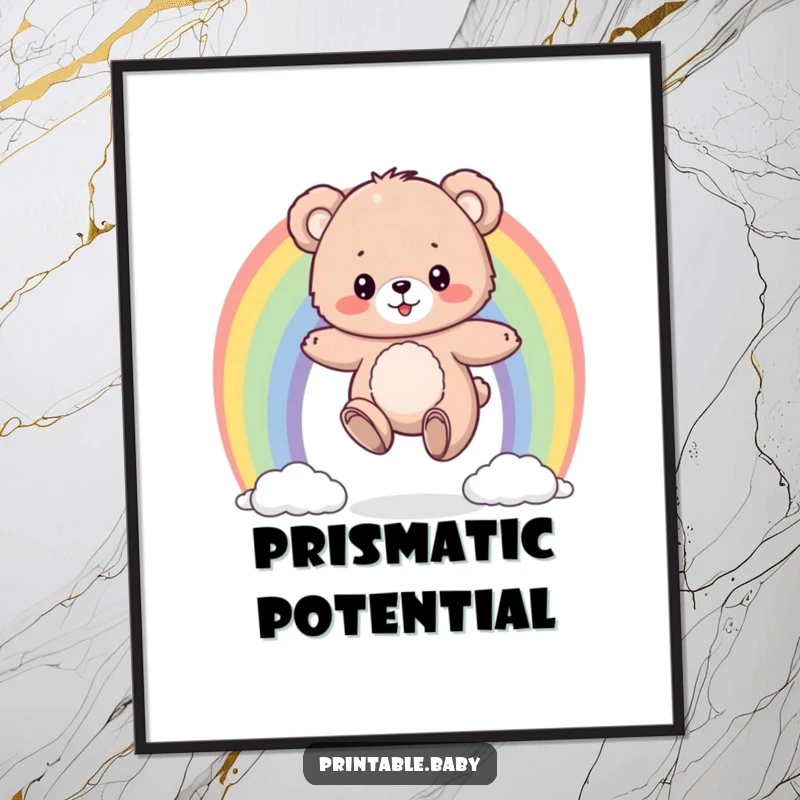 Funny digital art print of a fluffy bear cub bouncing on a colorful rainbow, providing instant humorous and joyful decor.