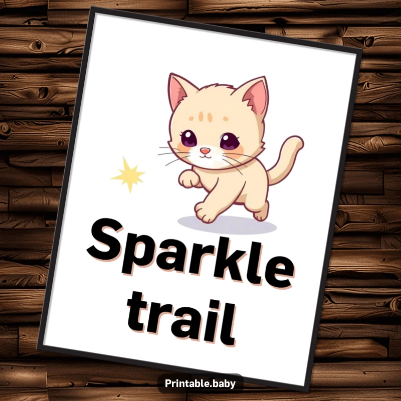 Funny digital art print of a curious kitten playfully chasing a radiant, sparkly comet tail across a starry expanse.