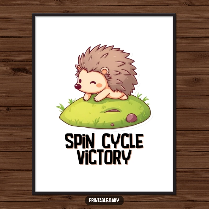 Funny digital art print of a happy hedgehog joyfully rolling down a green hill, capturing a moment of pure, unadulterated fun.