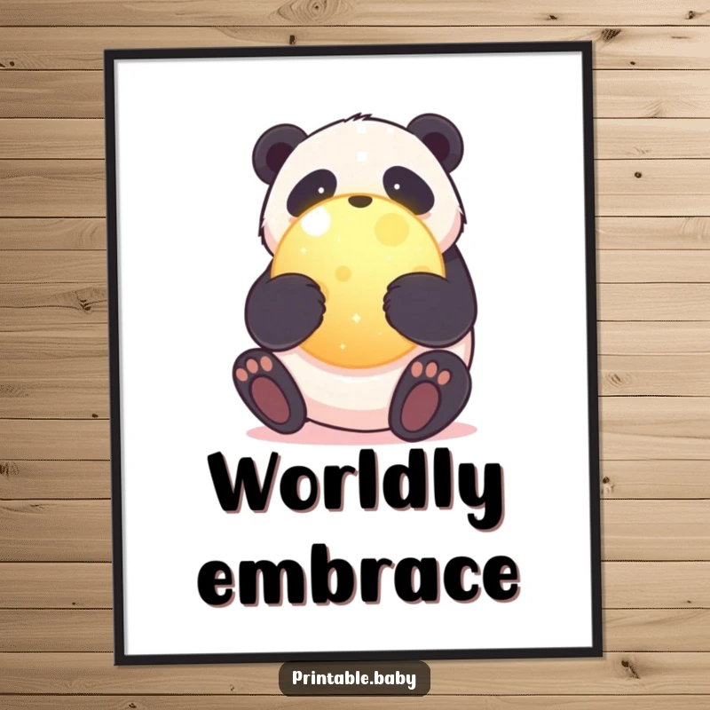 Funny digital art print of a sweet panda bear hugging a glowing planet, symbolizing love for Earth and gentle care. Instant download.