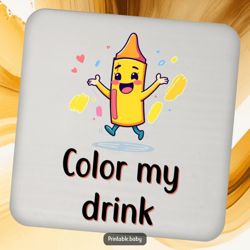 Funny playful crayon character drink coasters, dancing joyfully around a sketchbook, perfect for protecting surfaces with humor and art.