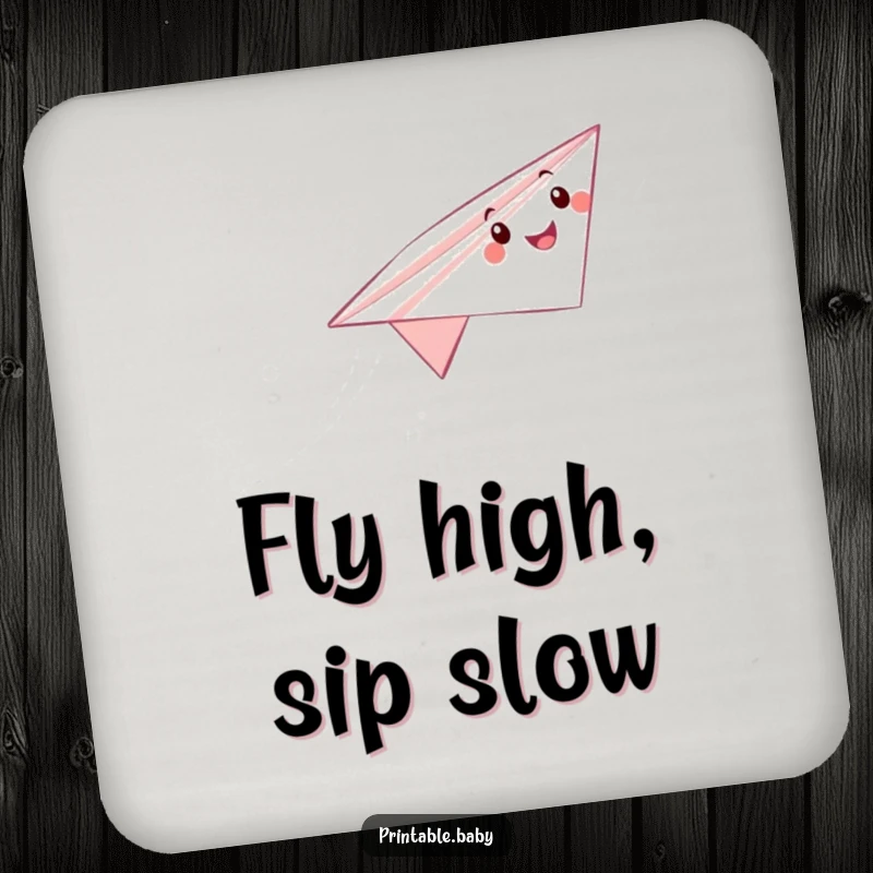 Funny paper airplane coaster featuring a happy soaring character, leaving a decorative trail, perfect for protecting furniture.