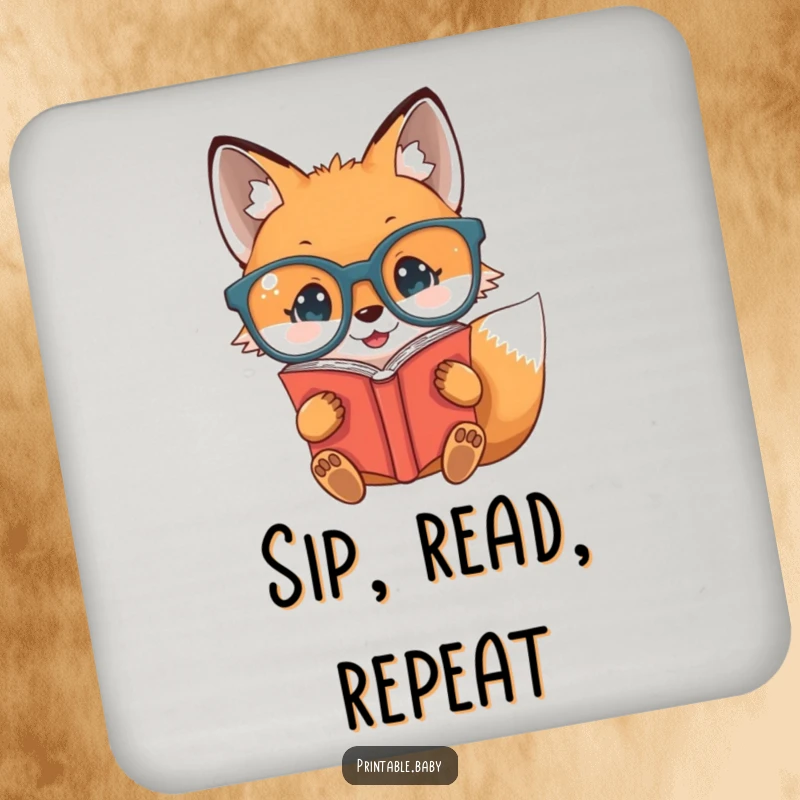 Funny baby fox wearing glasses, reading a book upside down, on drink coasters, protecting surfaces humorously.
