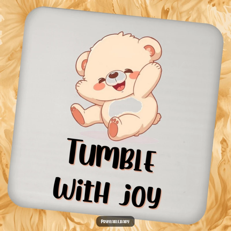 Funny bear cub coaster, fluffy animal tumbling, protects surfaces with humorous and cheerful design.