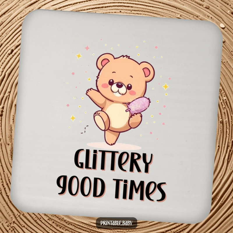 Funny Bear Cub Glitter Coaster showcasing a tiny bear cub showering in sparkles from a glitter bomb, adding playful humor to any drink setting.