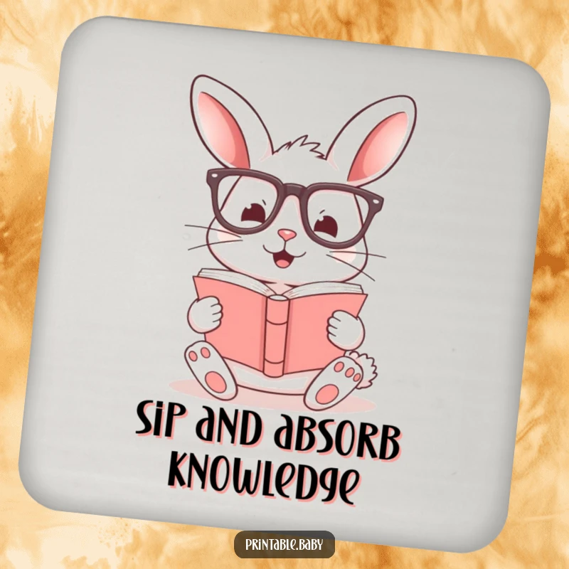Funny drink coasters featuring a cheerful bunny with glasses reading, protecting surfaces with style and humor.