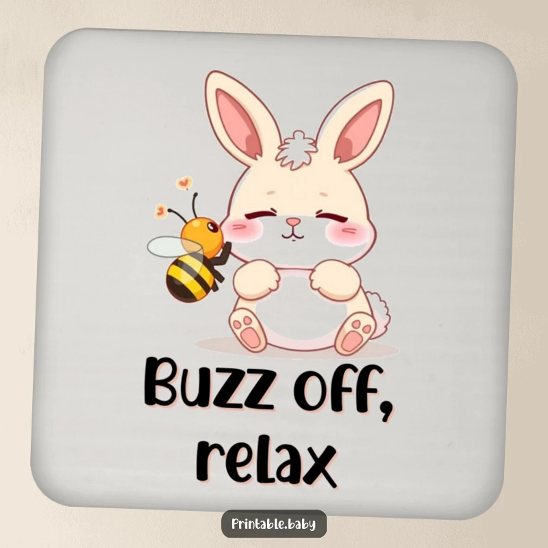 Funny coaster depicting a bunny startled by a buzzing bee, adding a humorous touch to drink protection.