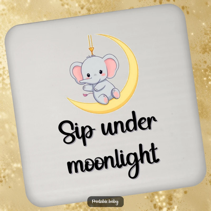 Funny coasters with a tiny elephant gleefully swinging from a crescent moon, protecting surfaces with humorous celestial art.