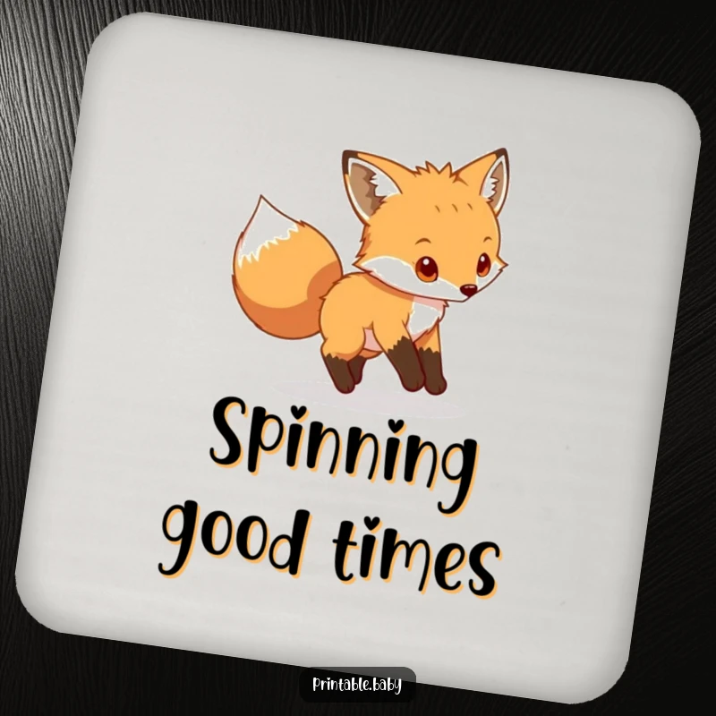 Funny fox cub coaster, playful animal chasing its tail, protects surfaces with humorous and charming design.