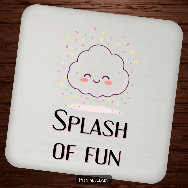 Funny giggling cloud character drink coasters, raining colorful confetti onto a blank page, perfect for protecting surfaces with humor.