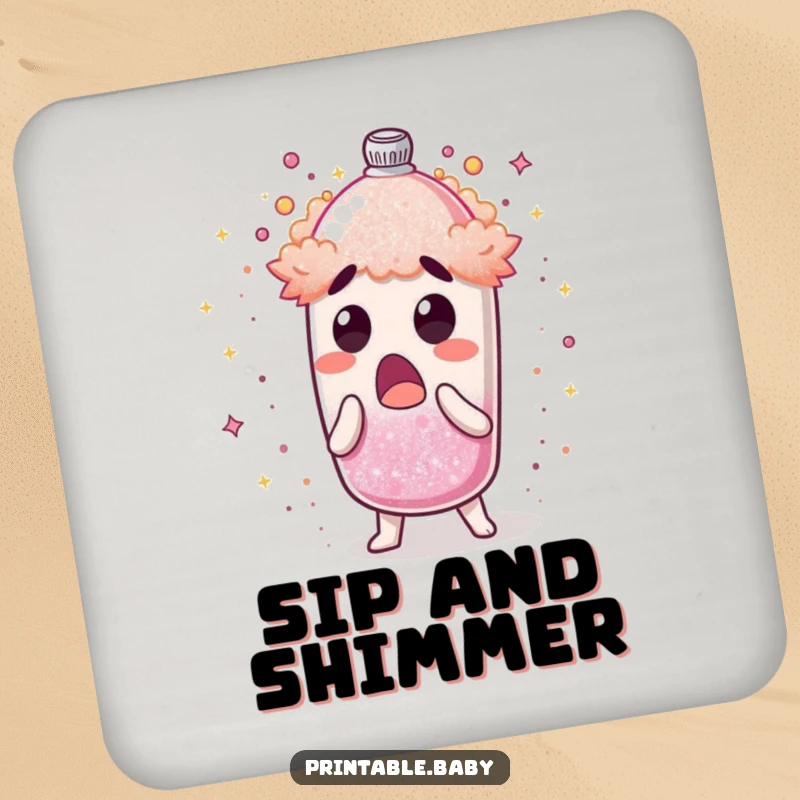 Funny drink coaster with a surprised glitter shaker character erupting shimmering dust, adding a humorous touch to any table.