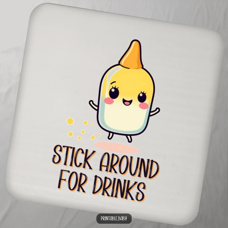 Funny glue stick sparkle drink coaster with a happy glue stick character leaving a trail of sparkly dots, protecting surfaces with charm.