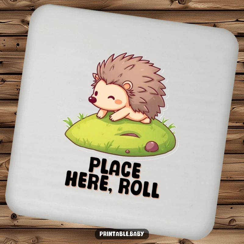 Funny drink coaster showcasing a joyful hedgehog rolling down a grassy hill, protecting surfaces with a smile.
