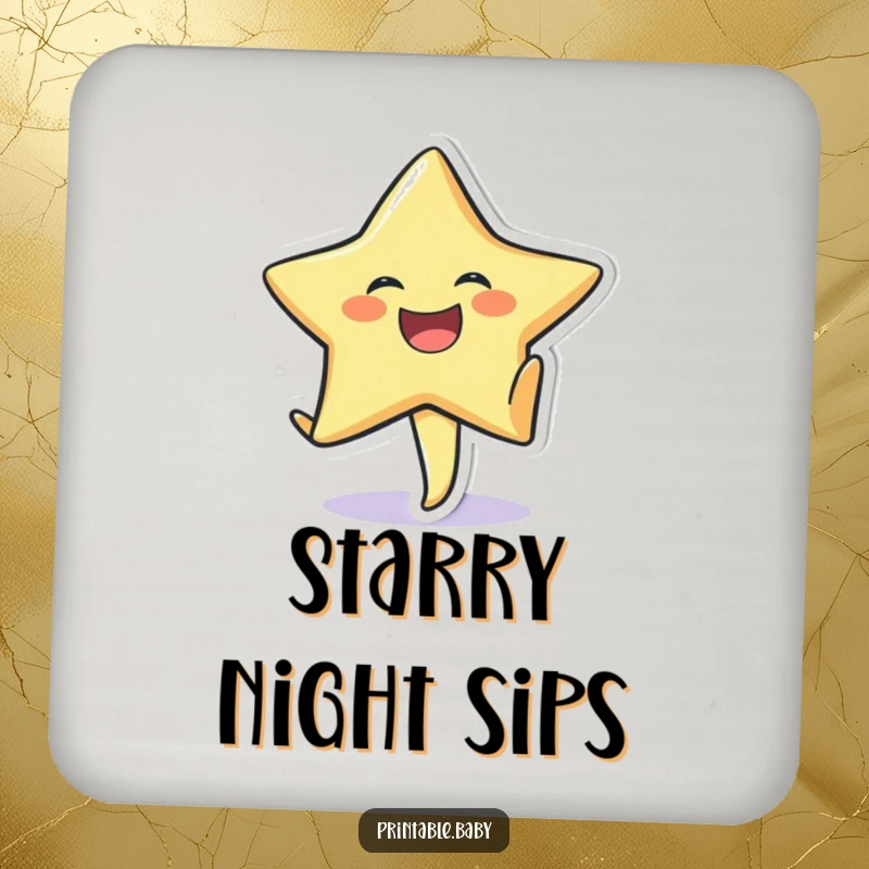 Funny drink coaster with a laughing star sticker character doing a cartwheel on textured paper.