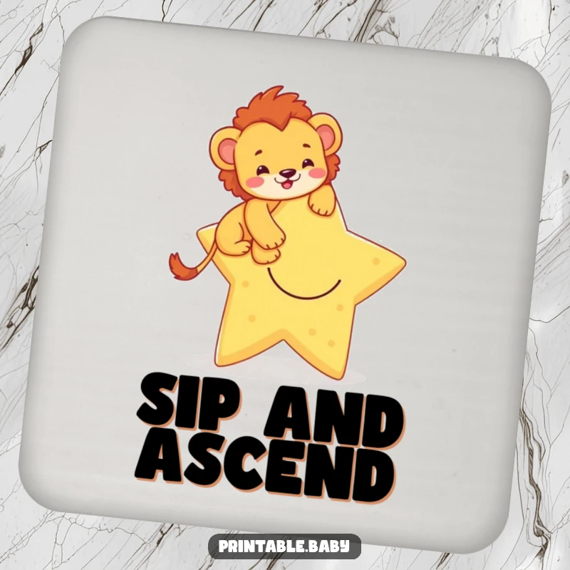Funny drink coaster showcasing a brave lion cub climbing a smiling star, adding a touch of humor and aspiration.