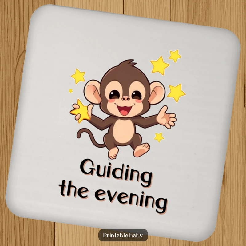 Funny coasters with a mischievous monkey juggling bright, glowing stars, protecting surfaces with humorous celestial art.