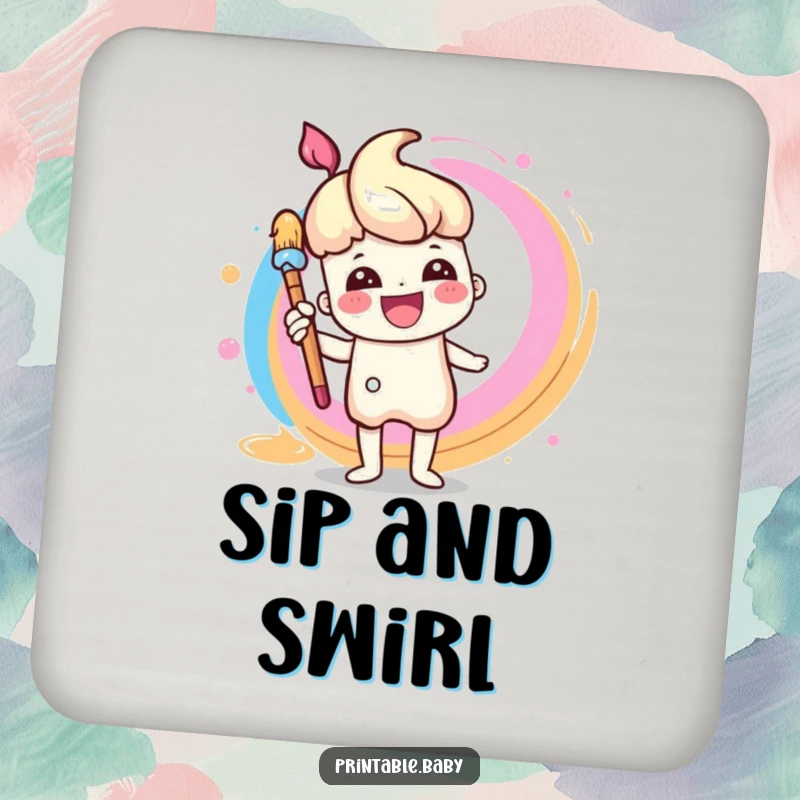 Funny Paintbrush Coaster: A single coaster featuring a cheerful paintbrush character painting a rainbow swirl, protecting your furniture.