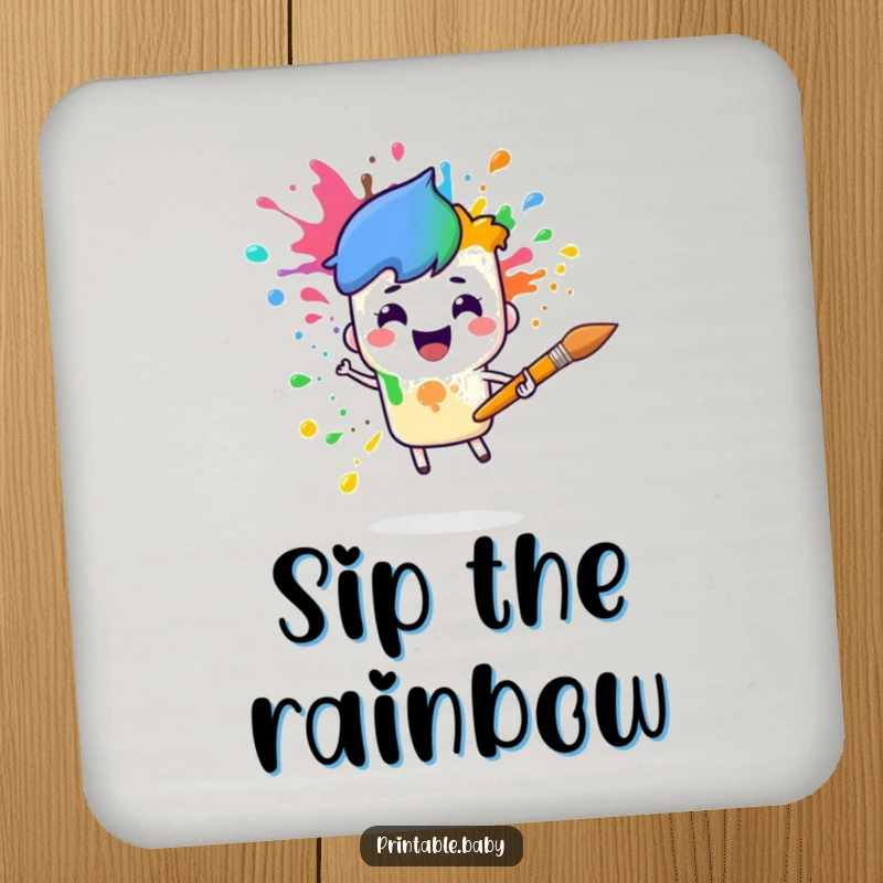 Funny paintbrush rainbow drink coaster with a cheerful paintbrush character splattering rainbow colors, protecting surfaces with artistry.