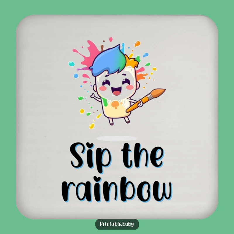 Funny Paintbrush Rainbow Drink Coaster: Artist Character Gift for Colorful Tables