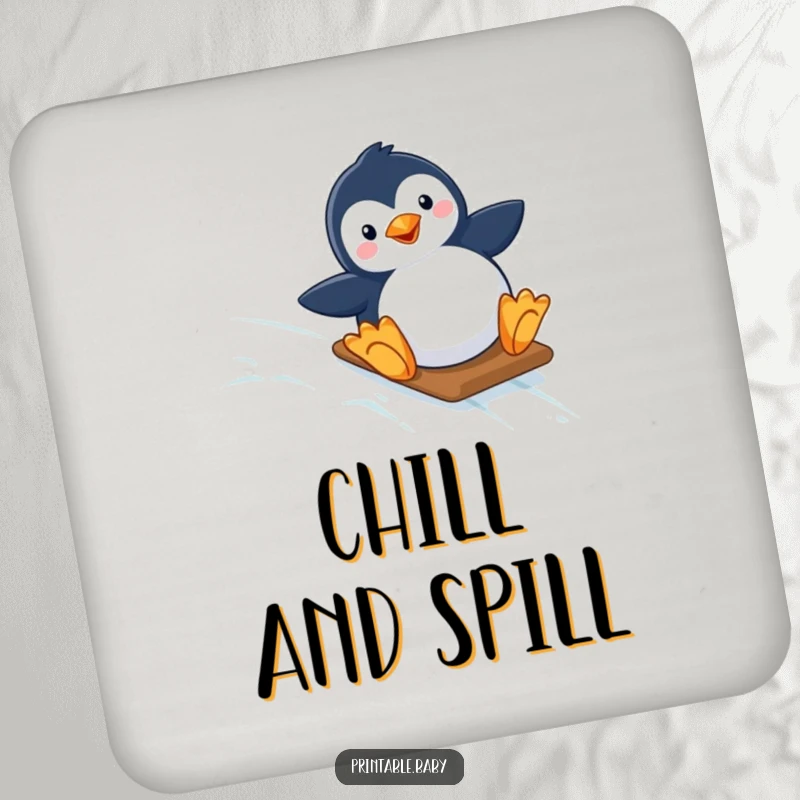 Funny drink coaster showcasing a happy penguin sliding down a starry, icy slope, adding a touch of arctic humor to any table.