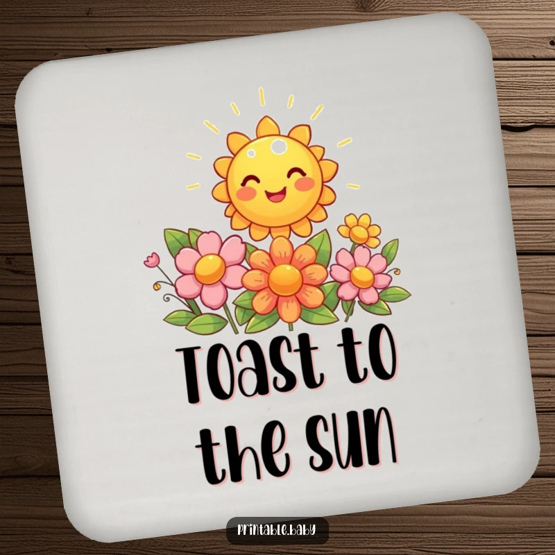 Funny sun drink coaster, giggling sun shining brightly on beaming flowers, protecting surfaces.