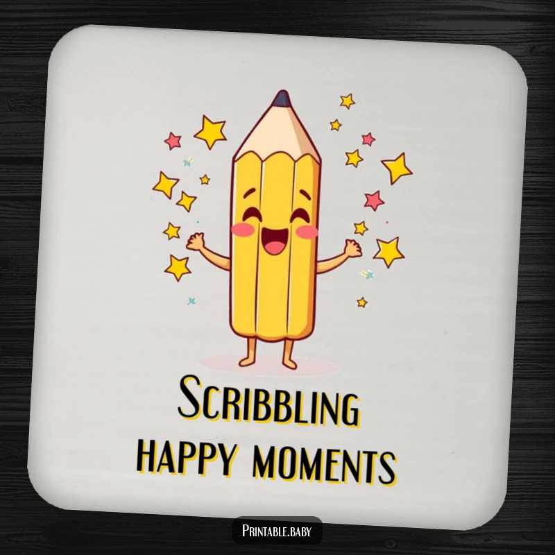 Funny Pencil Coaster: Decorative coaster featuring a giddy pencil character scribbling colorful stars, adding imaginative humor.