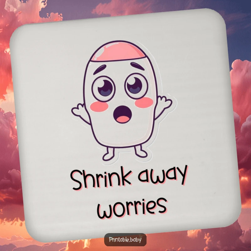 Funny drink coaster depicting a wide-eyed, surprised eraser character shrinking a shape, adding a humorous touch to any surface.