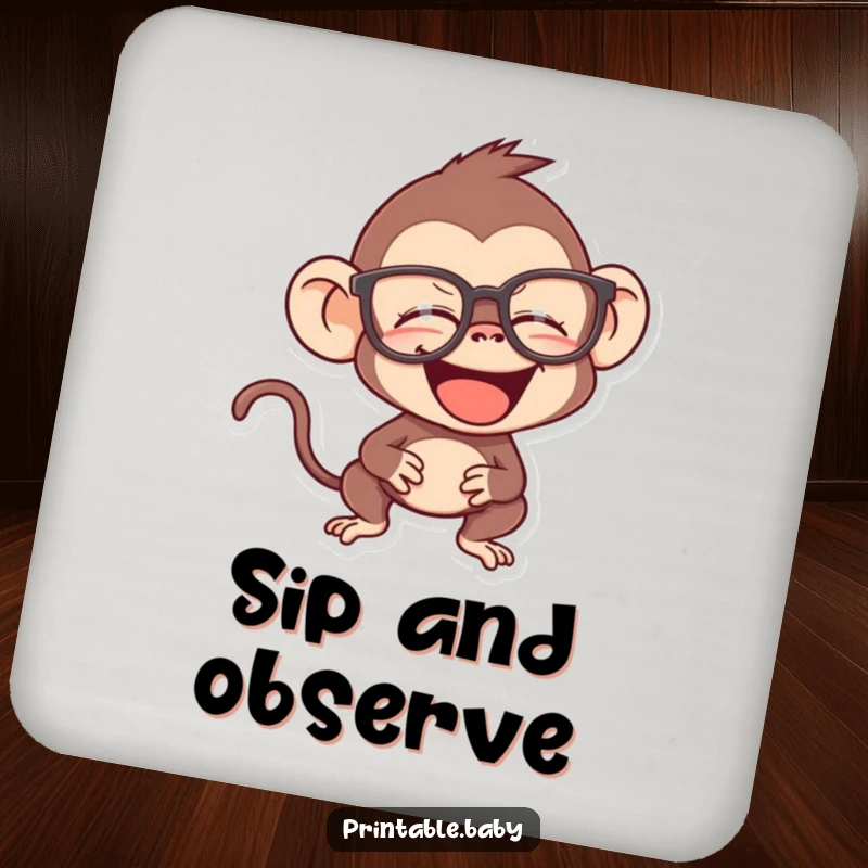 Funny monkey drink coaster, mischievous primate giggling behind oversized spectacles, a smart and charming accessory.