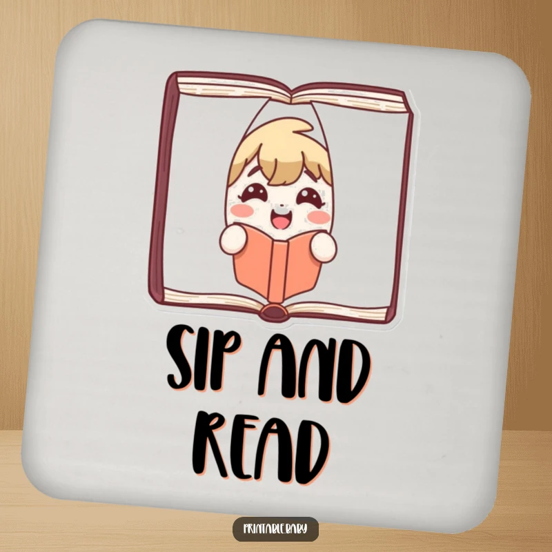 Funny Coaster with a smiling book character peeking between pages, protecting surfaces with literary charm.