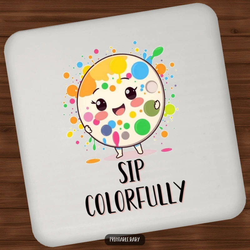 Funny Paint Palette Coaster: A cheerful paint palette character splattering colors, designed to protect tables with artistic flair.