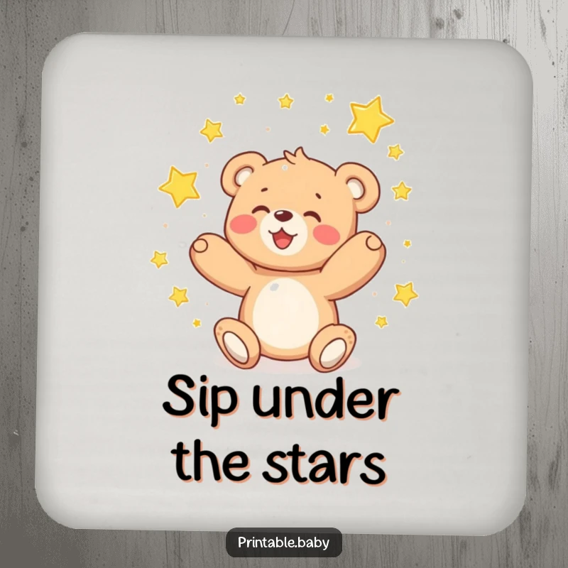 Funny teddy bear drink coaster, delighted bear catching falling sparkling stars, protecting surfaces.