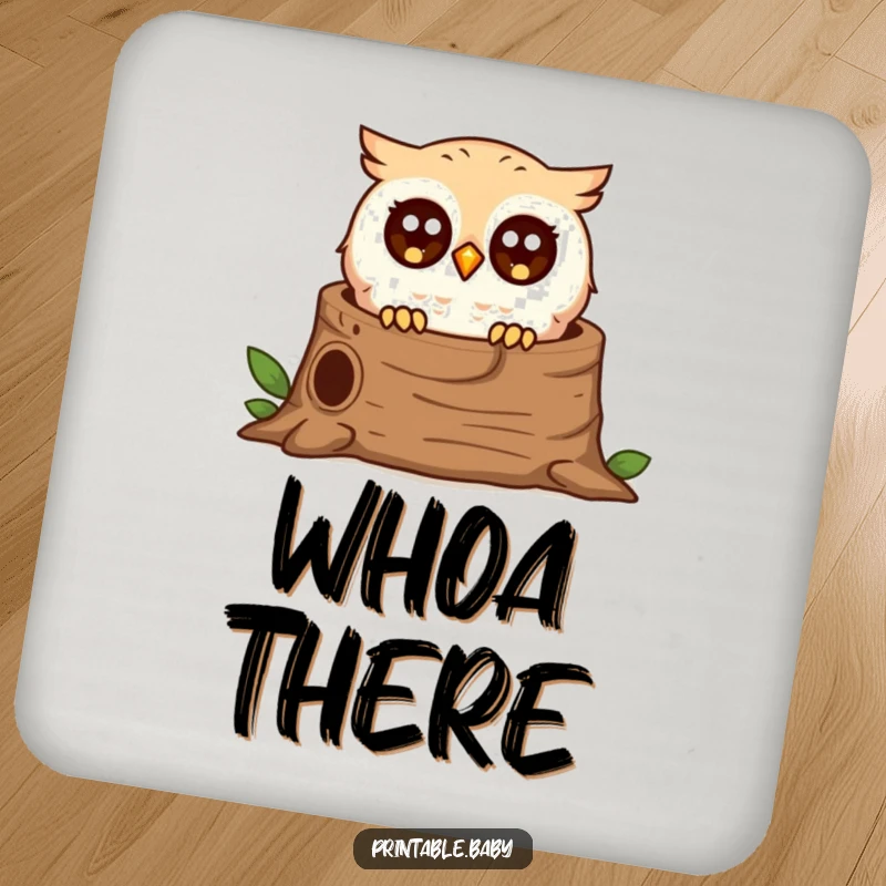 Funny surprised owl coaster, tiny bird peeking from a log, protects surfaces with humorous and charming design.