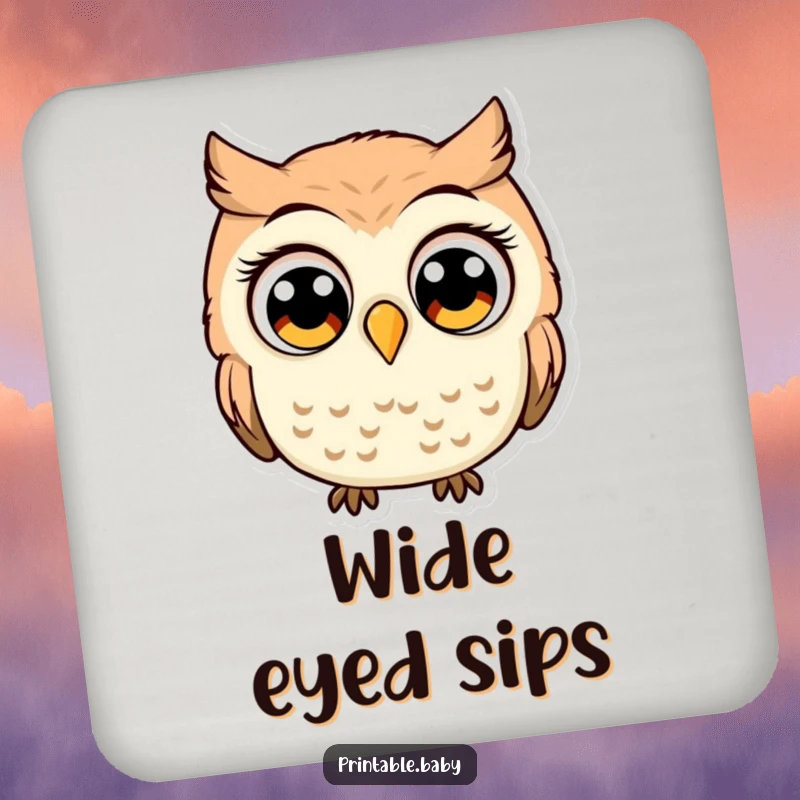Funny owl with comically large, wide eyes, looking startled, a humorous coaster for protecting surfaces with amusement.