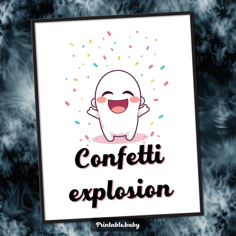 Funny poster of a laughing hole punch character with confetti falling, celebrating joyfully.