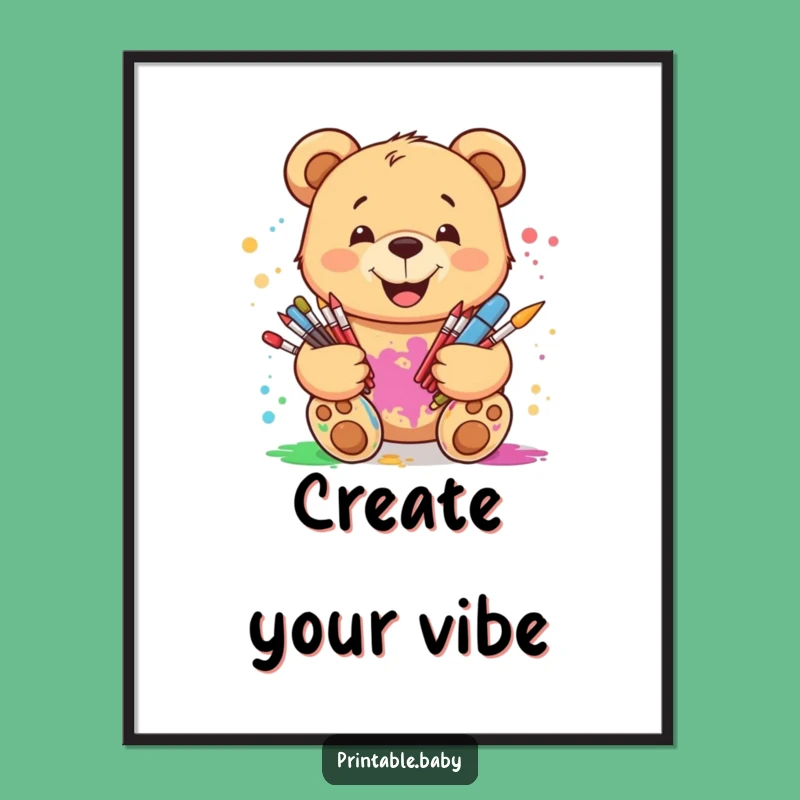 Funny Art Bear Poster: Smiling Teddy with Paint Splatters, Creative Wall Art Decor