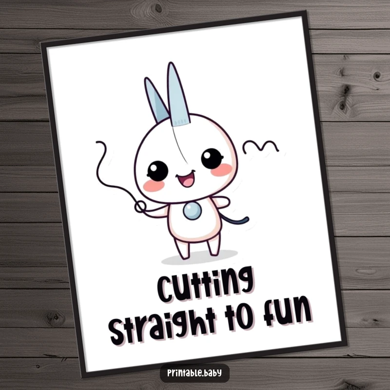 Funny scissors giggles poster featuring excited scissors character snipping a wiggly line, humorous and playful wall art.