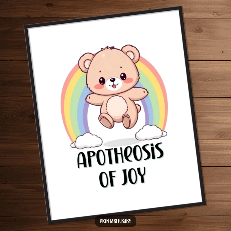 Funny poster showcasing a fluffy bear cub bouncing on a colorful rainbow, a cheerful and humorous piece of wall art.