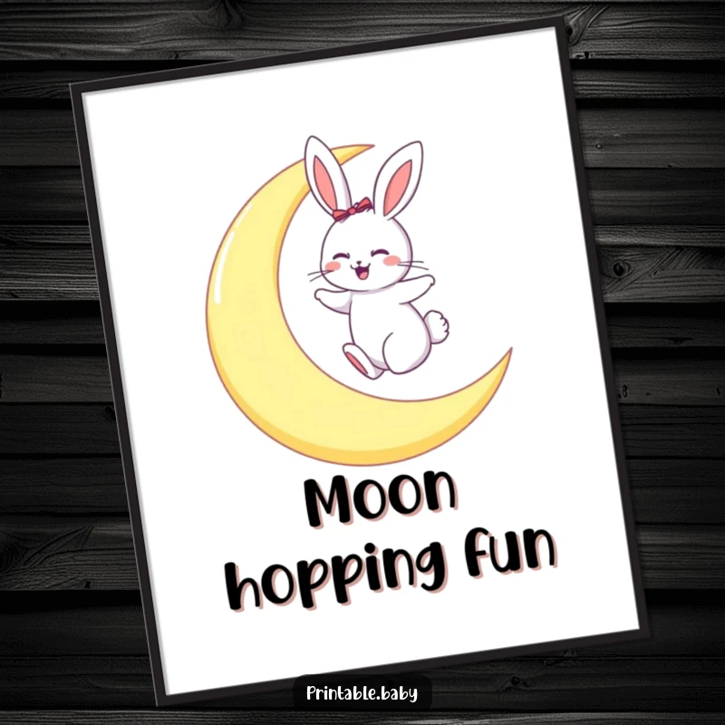 Funny poster showing a giggling bunny hopping joyfully on a huge crescent moon against a starry backdrop.