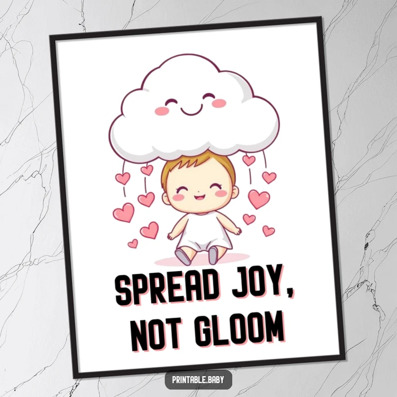 Funny cloud poster, a smiling cloud raining small hearts onto a cheerful child, full of happiness.
