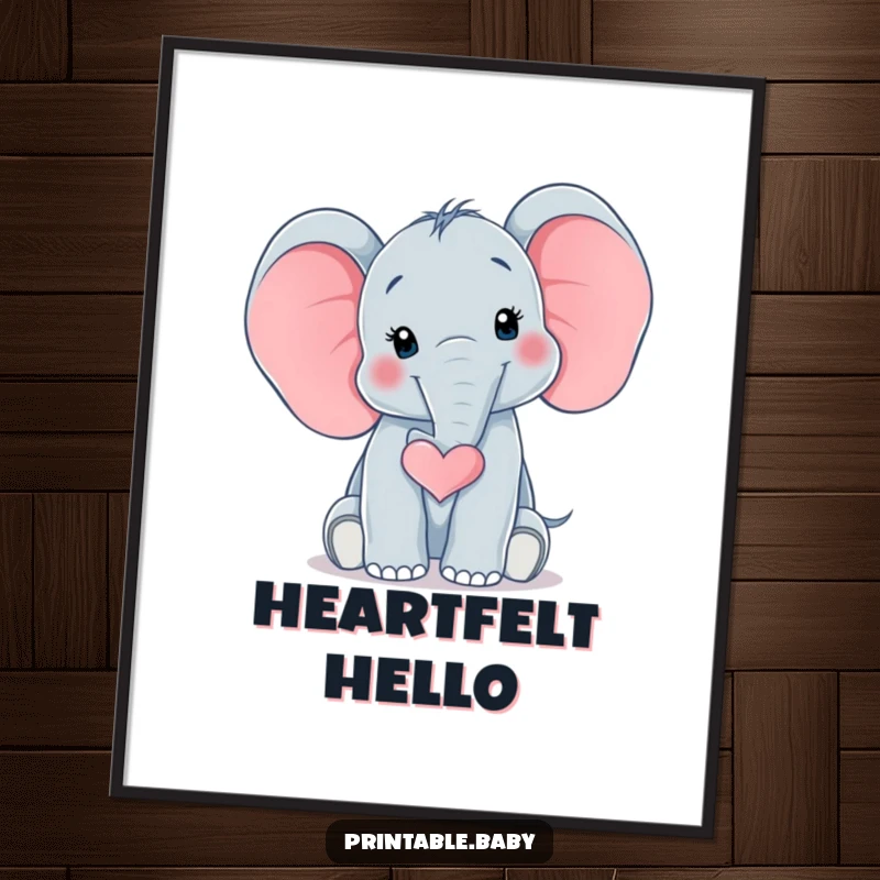 Funny Elephant Heart Poster depicting a surprised baby elephant with its trunk curled into a heart shape, radiating pure, adorable love.
