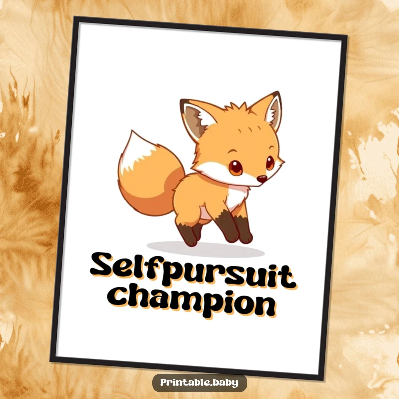 Funny fox cub poster, playful animal chasing its bushy tail, charming and humorous wall art.
