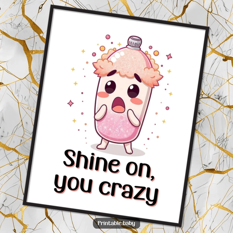 Funny poster depicting a surprised glitter shaker character erupting with shimmering dust, a dynamic and humorous art piece.