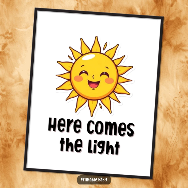 Funny grinning sun poster showing a happy character shining brightly on a simple outline, ideal for adding cheer to rooms.